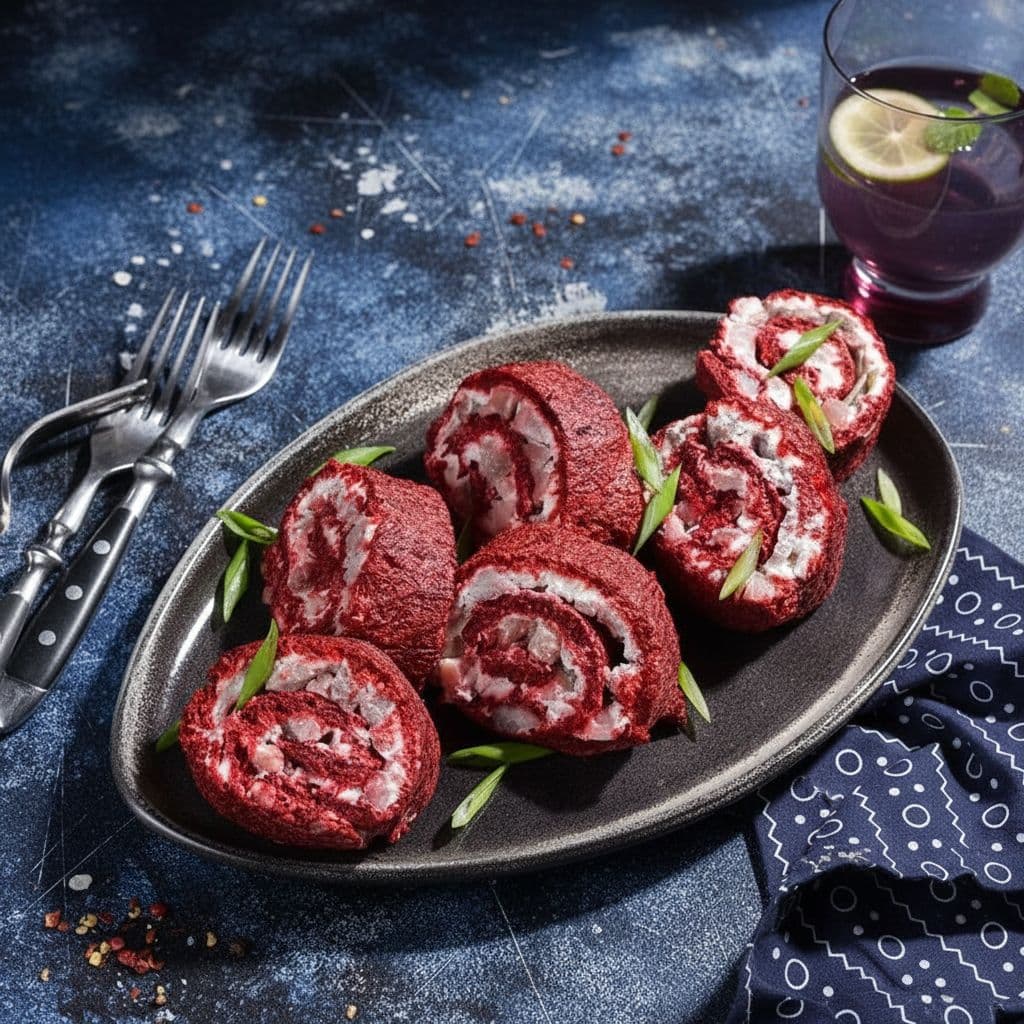 Свекольный рулет с сельдью и творожным сыром