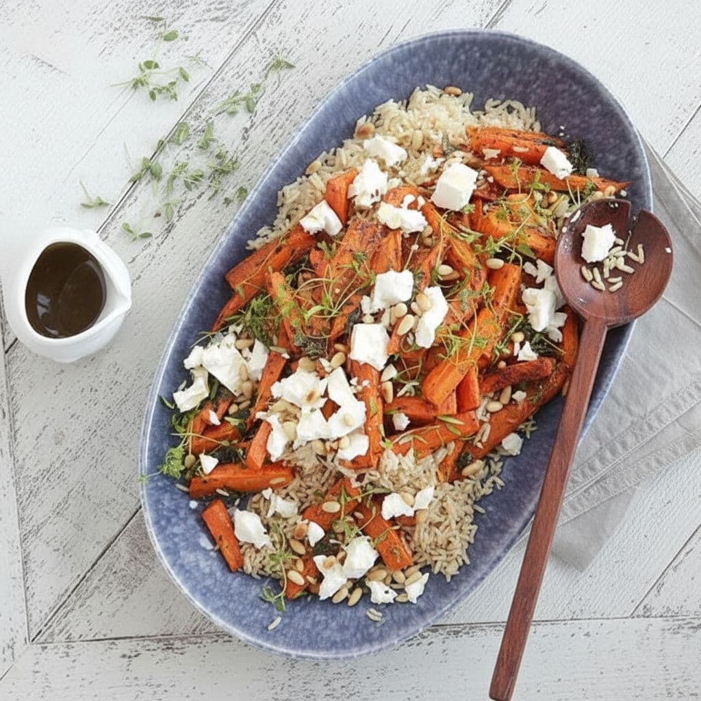 Рисовый салат с запечённой морковью, фетой и кедровыми орехами