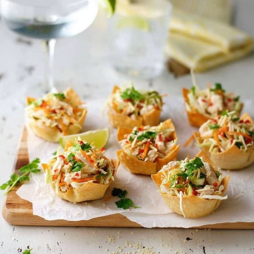 Тайский салат с курицей в чашечках из вонтонов