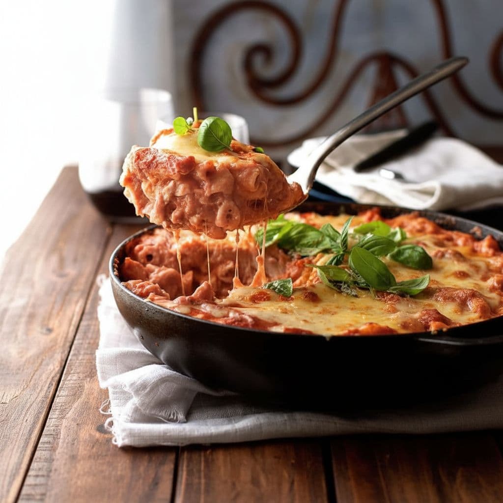 Сливочная запеканка с пастой и курицей в томатном соусе