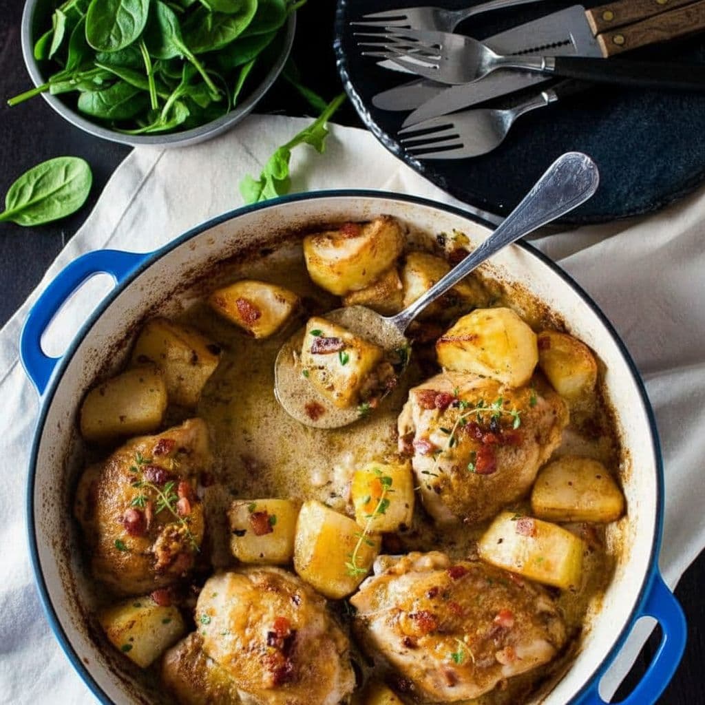 Запечённая курица с мёдом и горчицей, картофелем и беконом