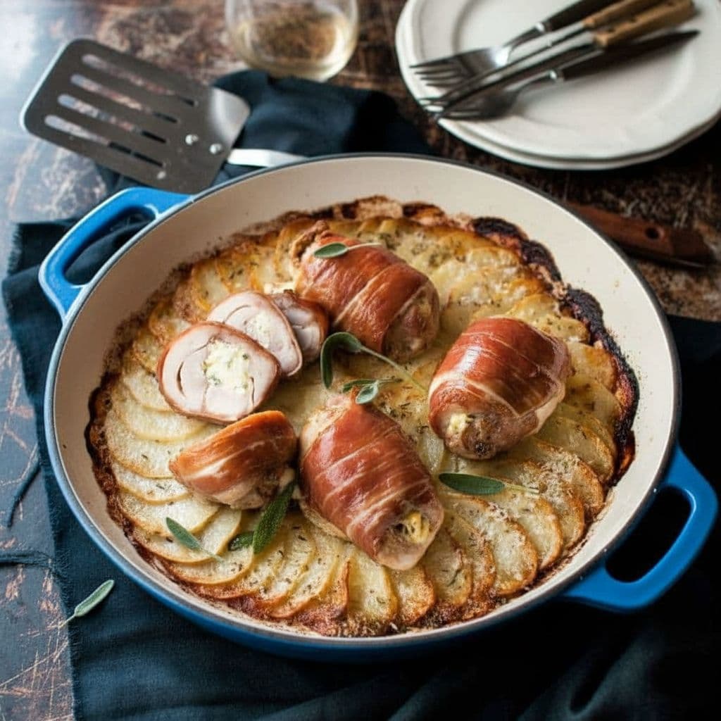 Курица, запечённая в прошутто с картофелем в сливках