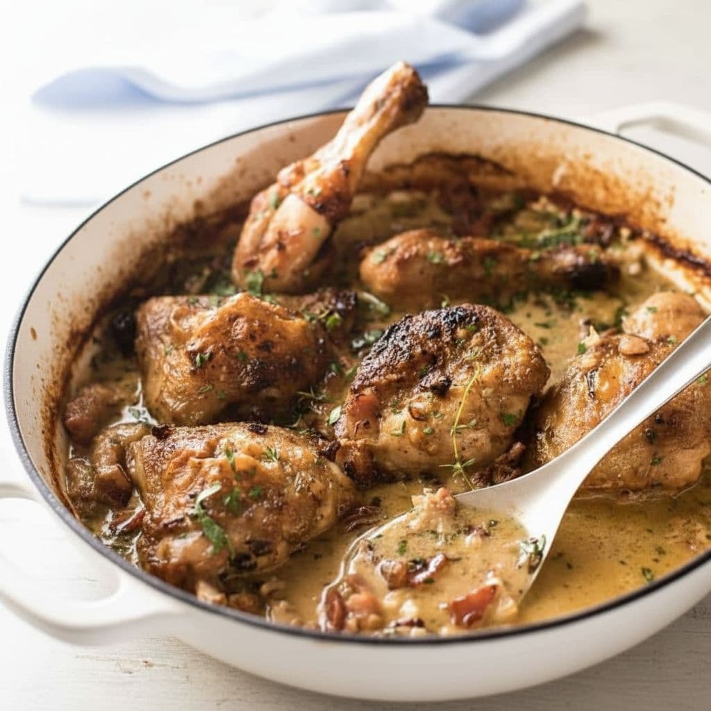 Курица в сливочном соусе с белым вином и беконом