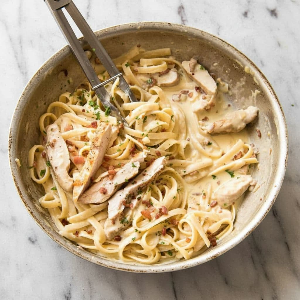Паста с курицей и беконом в сливочном соусе