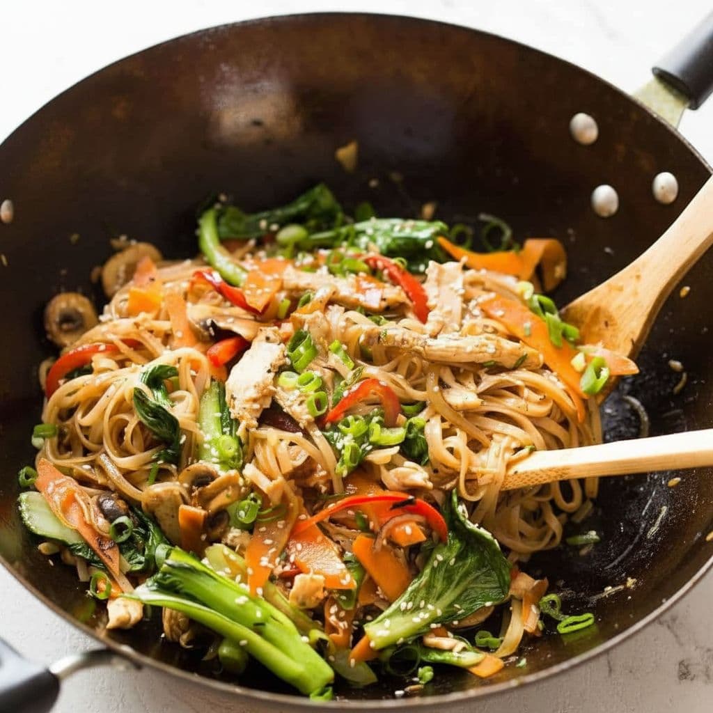 Куриная лапша с овощами на сковороде (Stir Fry с рисовой лапшой)