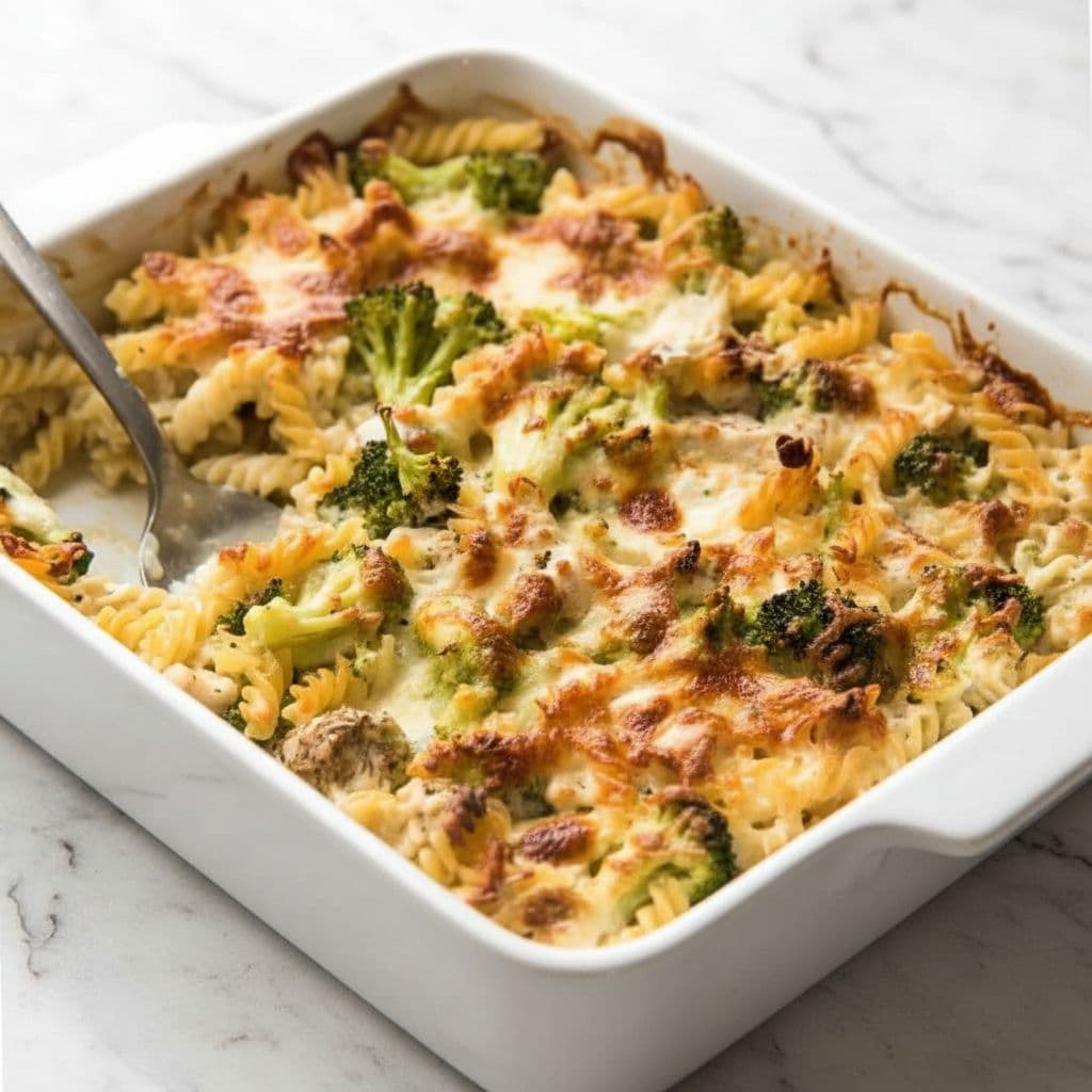 Запечённая паста с курицей и брокколи без сливок