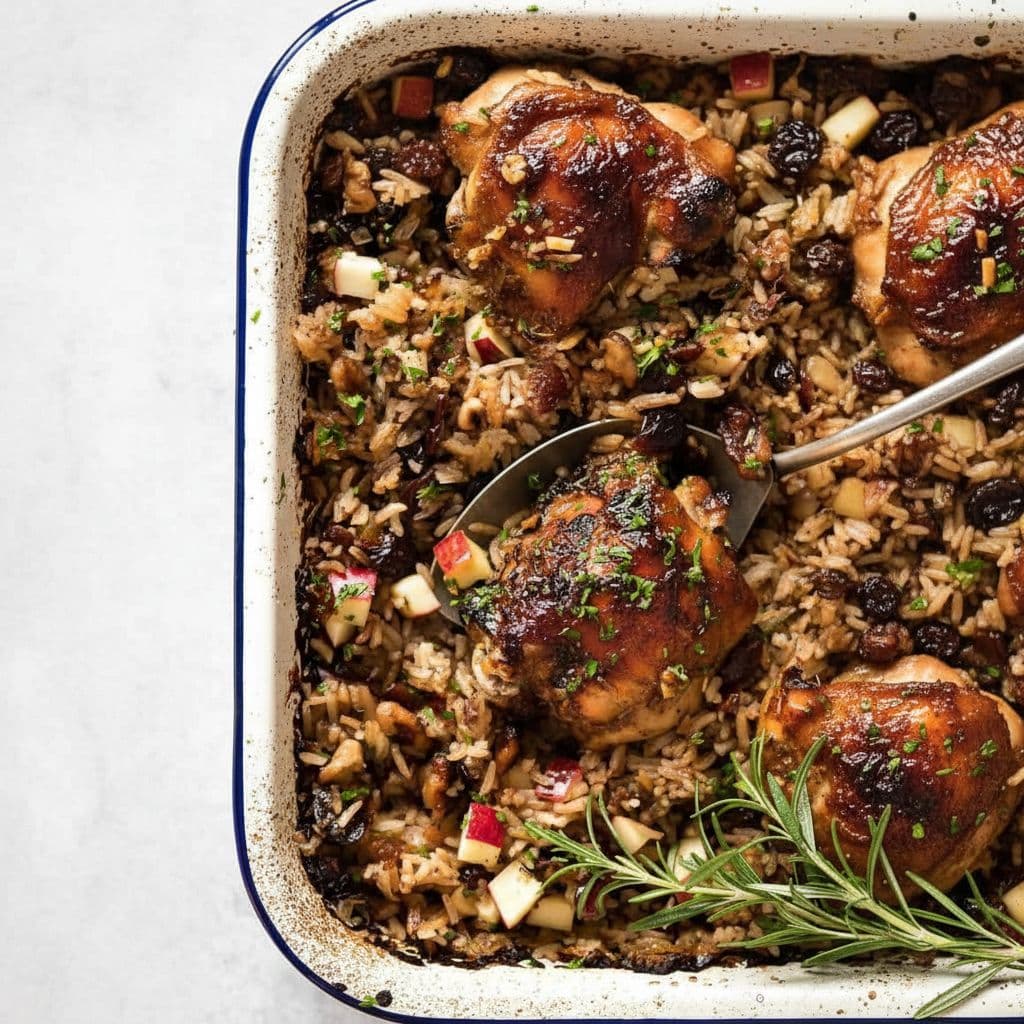 Курица, запечённая с рисом, клюквой, орехами и яблоком