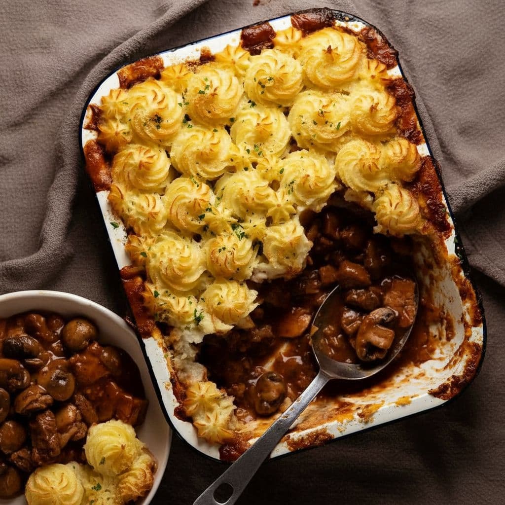 Куриный пирог с грибами под картофельной шапкой «Дюшес»