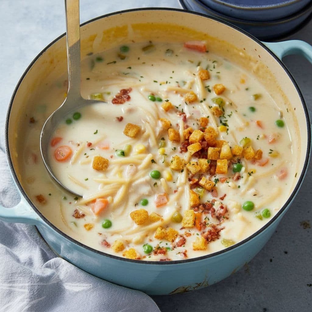 Сливочный куриный суп с лапшой и мини-крутонами