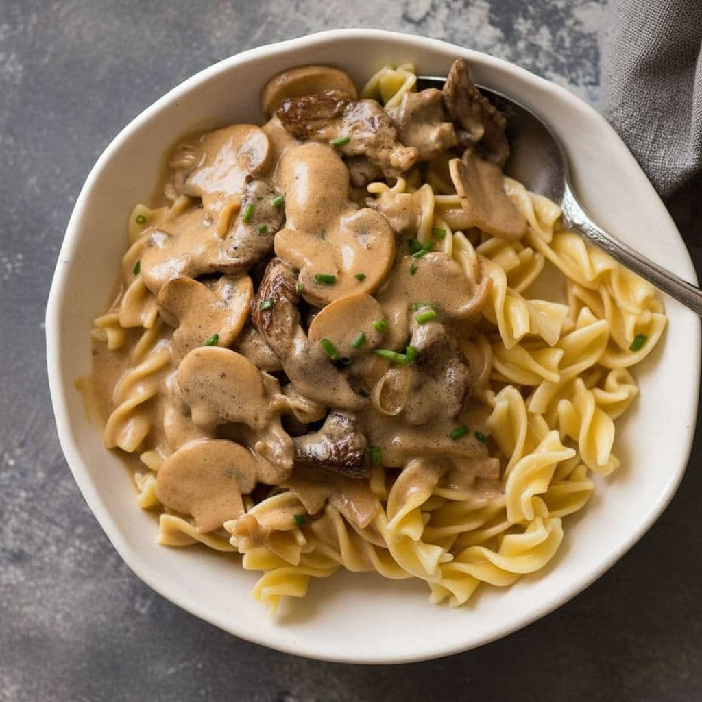 Бефстроганов с грибами в сметанном соусе