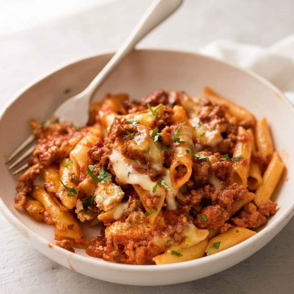 Запечённые зити с мясным соусом и рикоттой