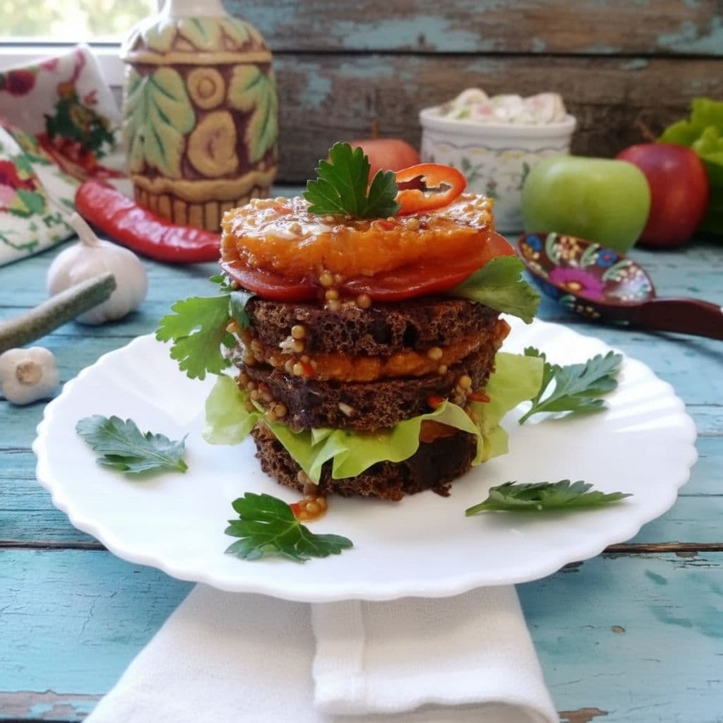 Бутерброд со стейком из тыквы, ржаным хлебом и пикантным соусом