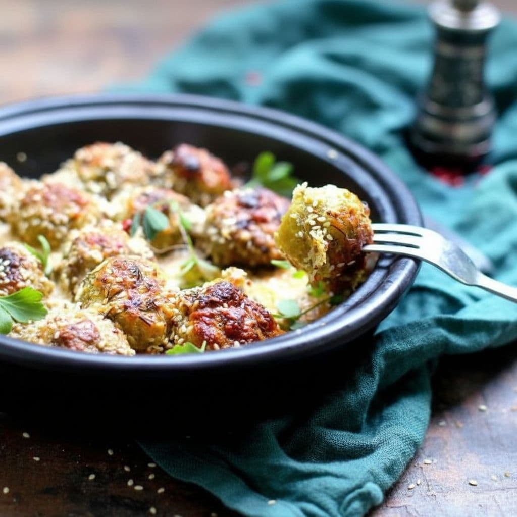 Фрикадельки, запечённые в духовке с брюссельской капустой