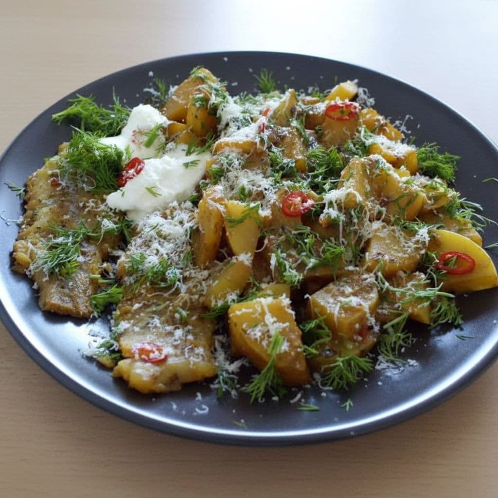 Жареный картофель с филе минтая в облепиховом соусе карри