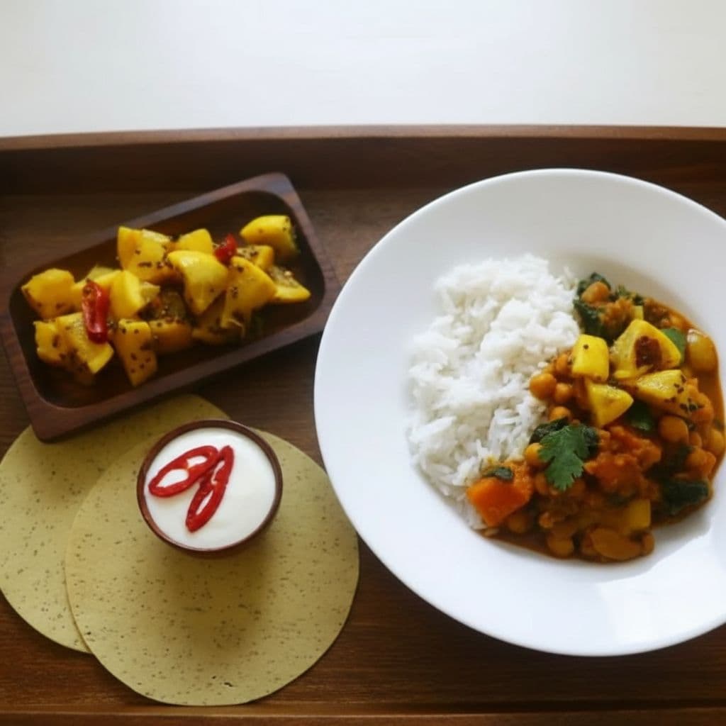 Овощное карри с рисом басмати и пряным лимоном