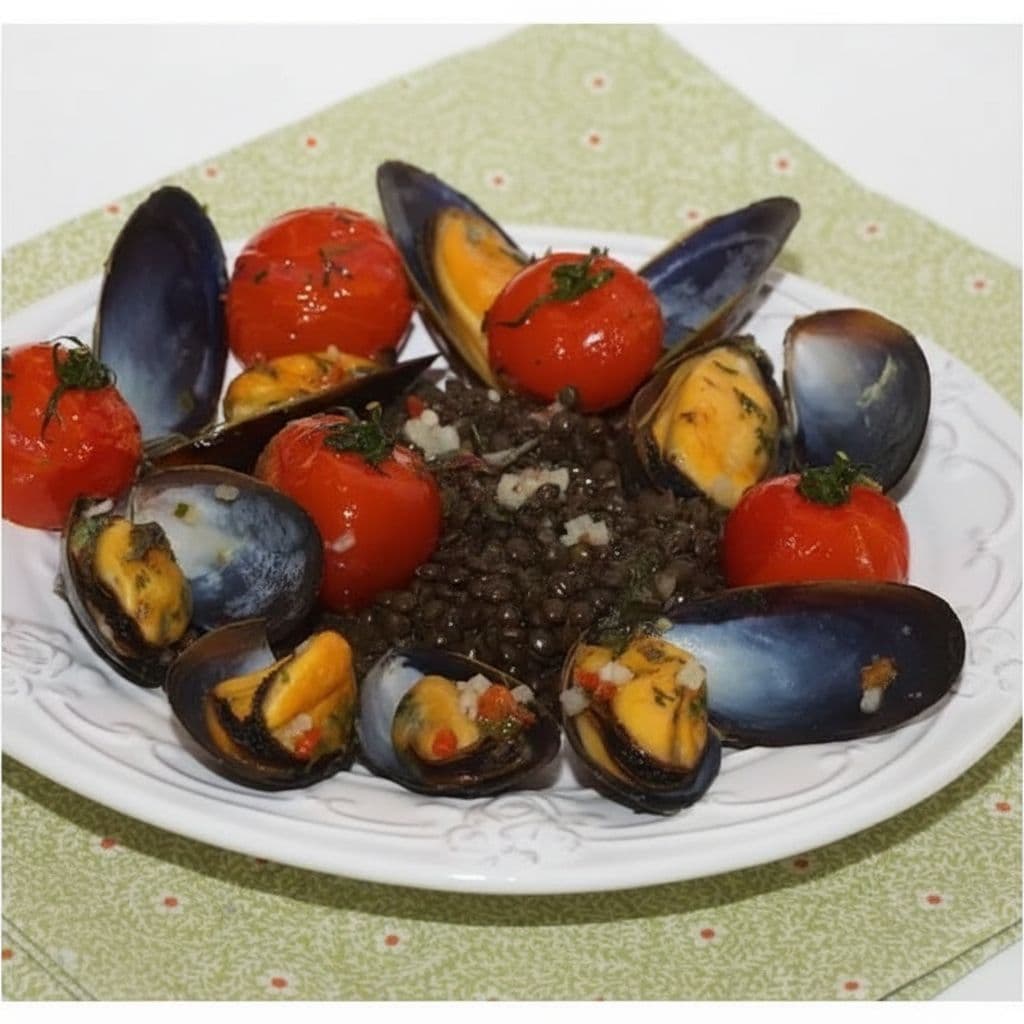 Чечевица с мидиями в остром соусе из белого вина