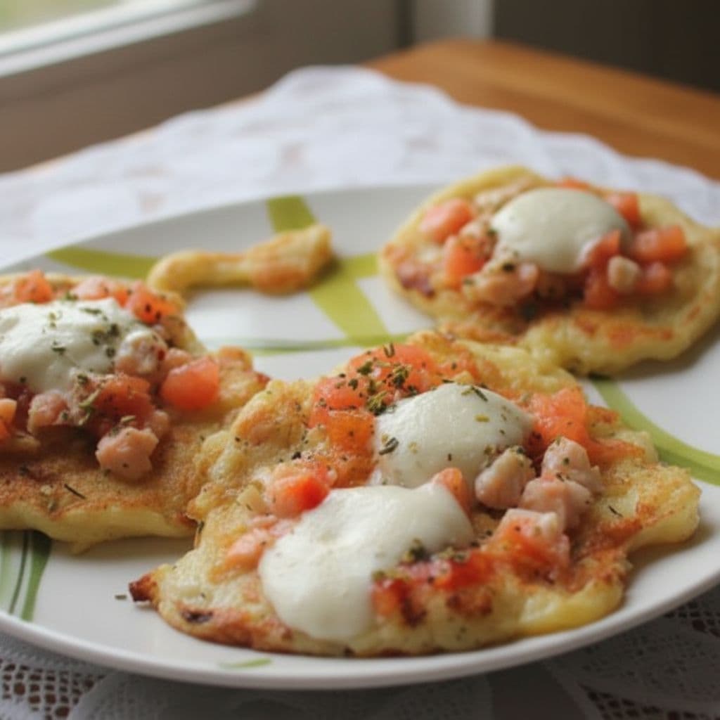 Картофельные оладьи с креветками и моцареллой