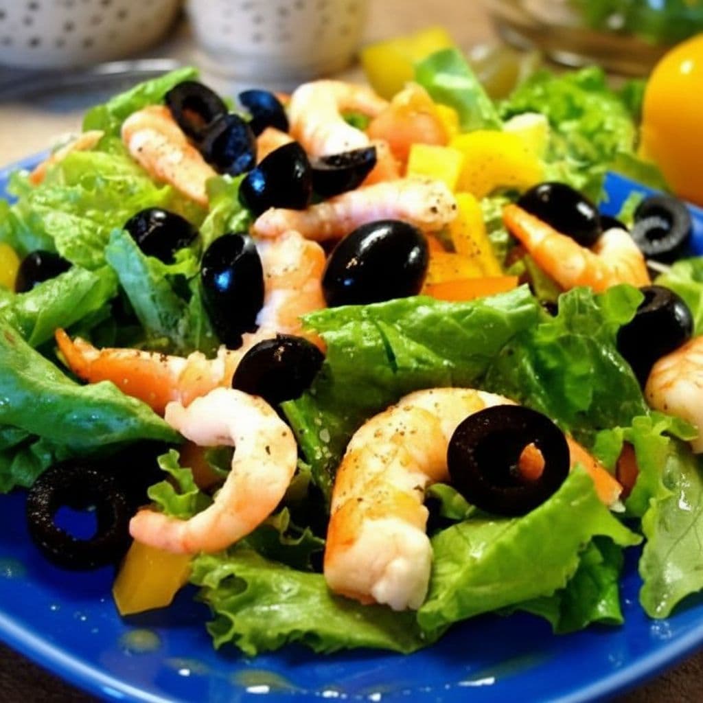 Салат из креветок, горбуши, зелени и овощей