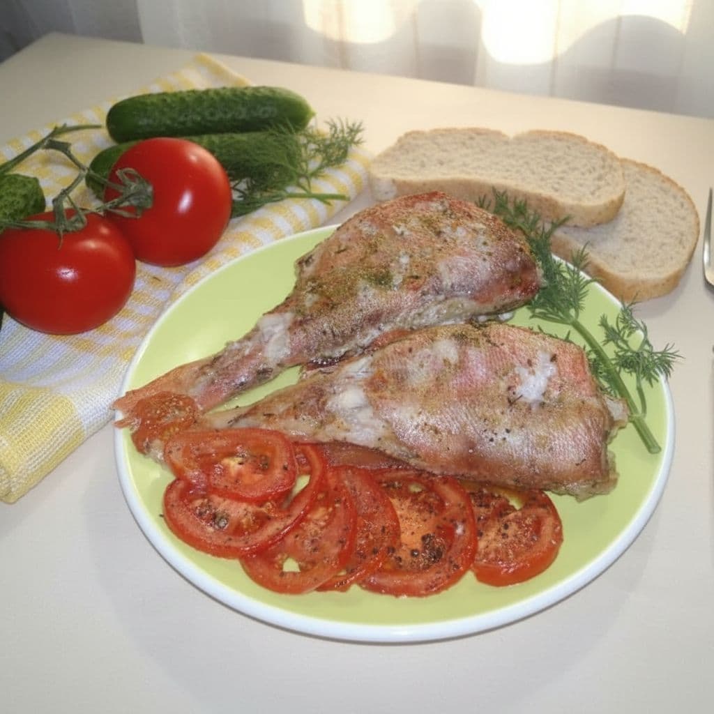 Запечённый морской окунь с помидорами