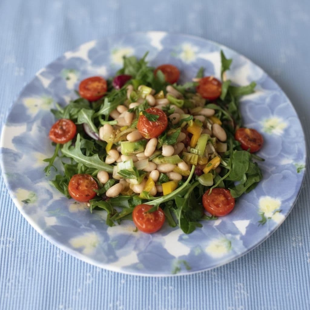 Салат из белой фасоли с овощами и печёными помидорами