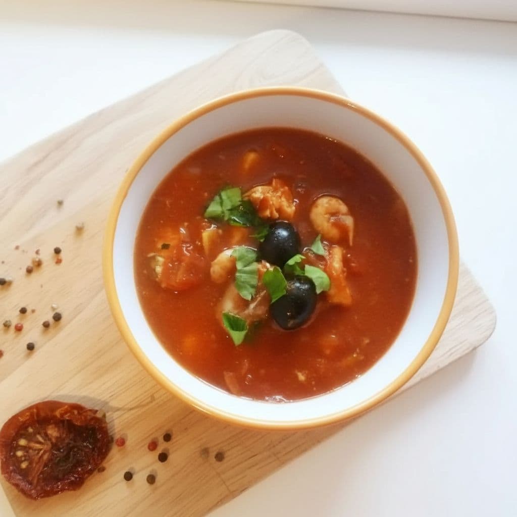 Томатный суп с креветками и маслинами