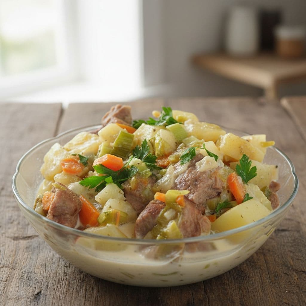 Тушеная баранина с овощами в белом соусе