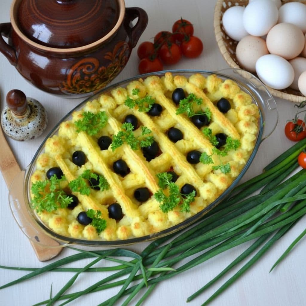 Праздничный пирог с овощами, фаршем и картофелем