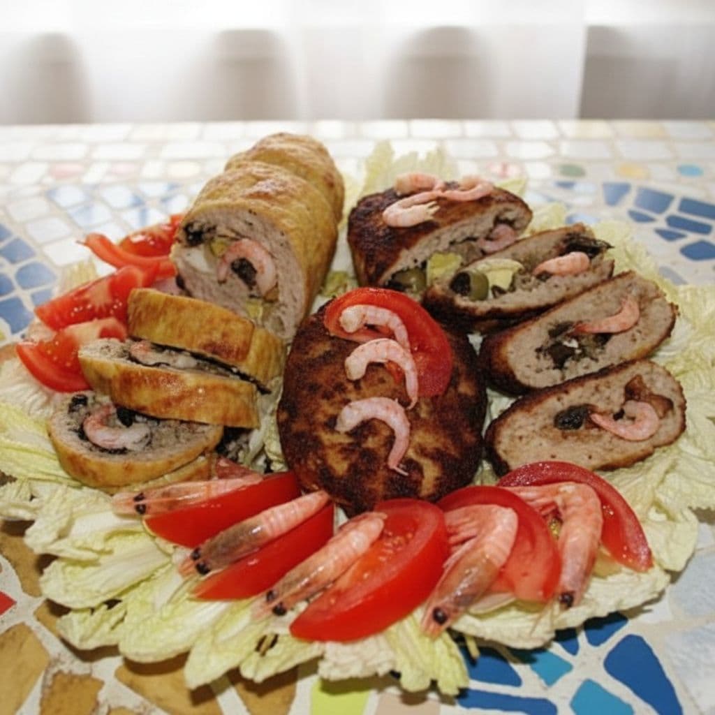 Рулет и котлеты с креветками «Завтрак великана»