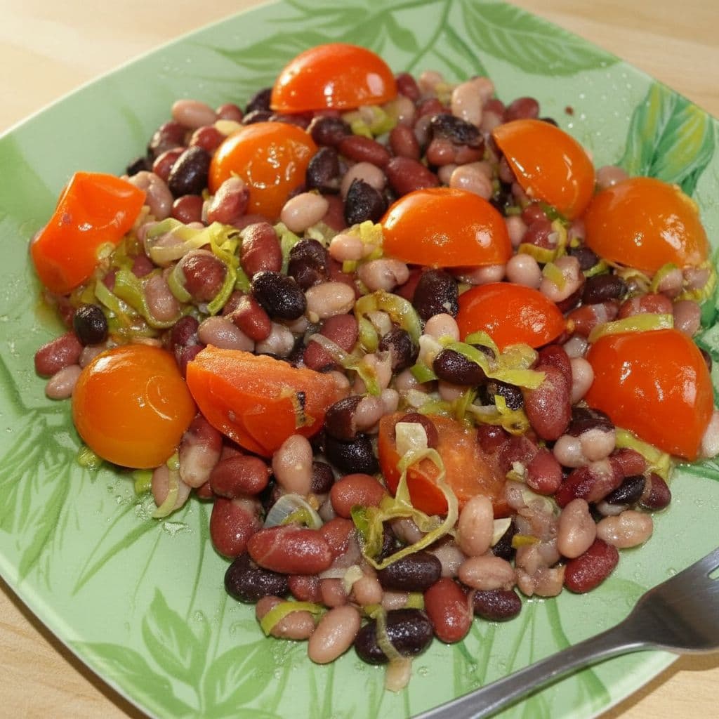 Фасоль с томатами и луком-пореем