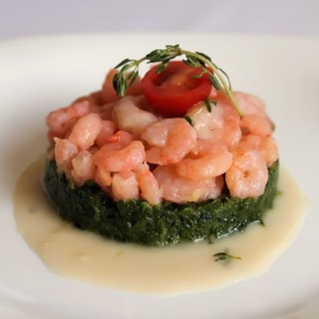 Креветки в сливочном соусе на подушке из шпината