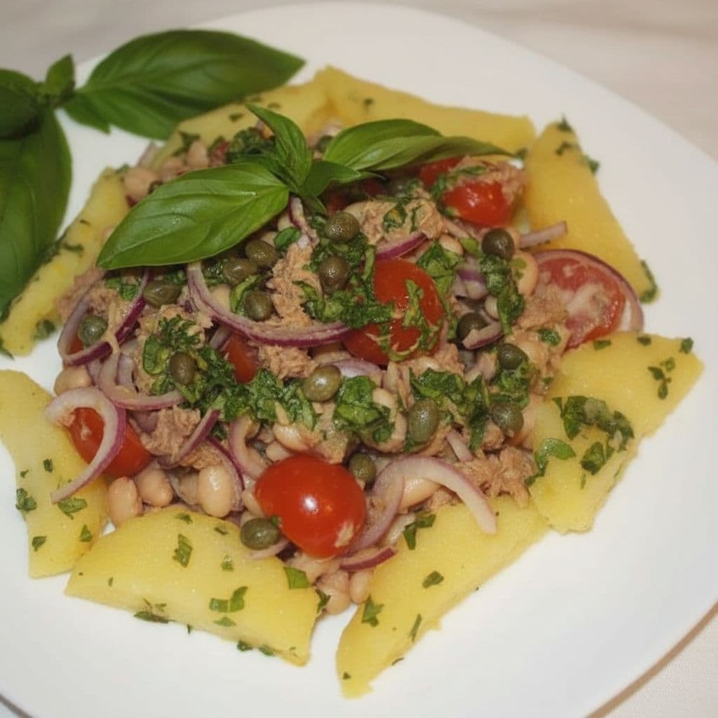 Тёплый салат из тунца с фасолью и картофелем