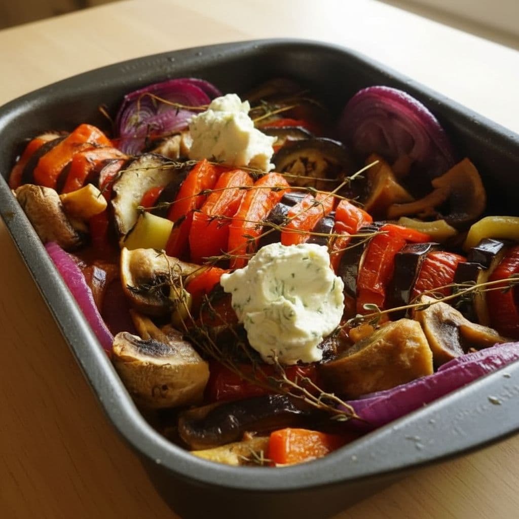 Запечённые овощи с чесночным соусом