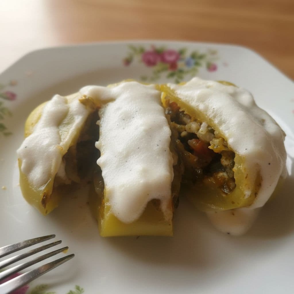 Фаршированный перец со шпинатом и сметанным соусом