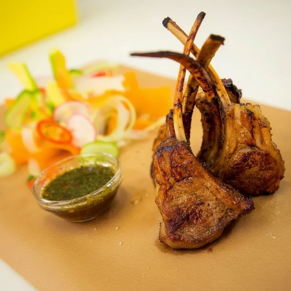 Маринованные бараньи ребрышки с лёгким овощным салатом