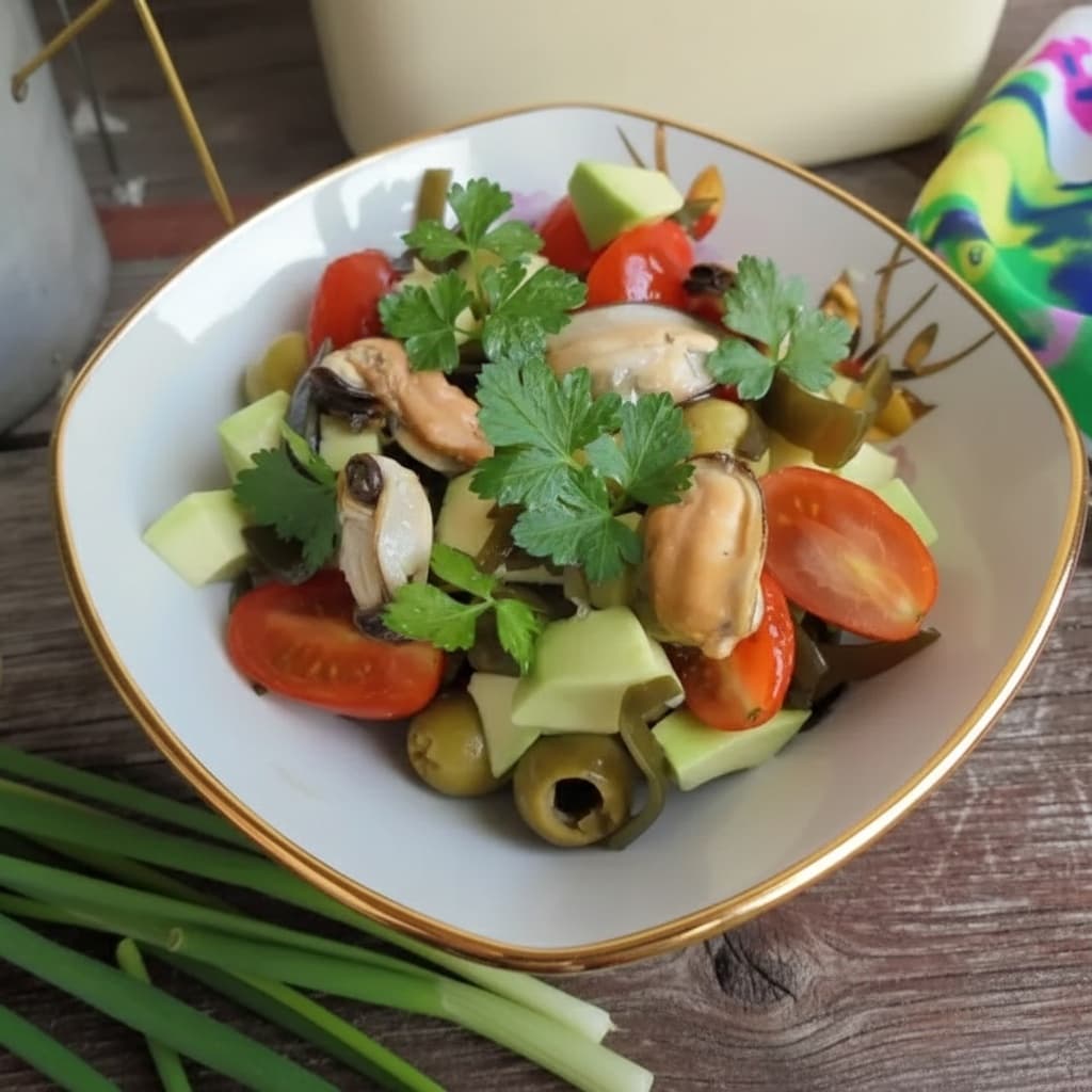 Салат с авокадо, морской капустой и мидиями