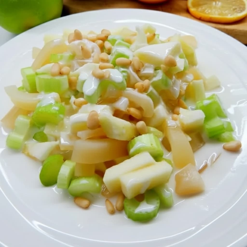 Салат из кальмаров, сельдерея и кедровых орешков