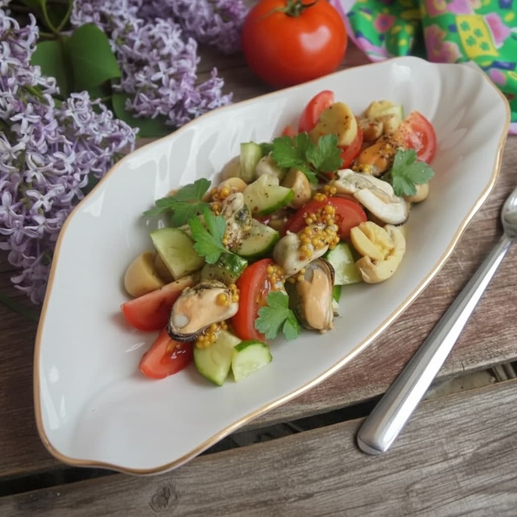 Салат с мидиями, овощами и шампиньонами