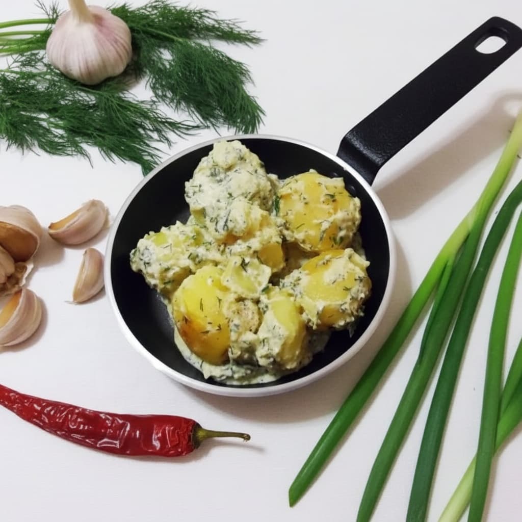 Молодая картошка в сметане с укропом на сковороде