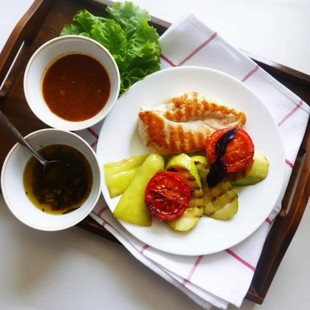 Куриная грудка с овощами-гриль и двумя соусами
