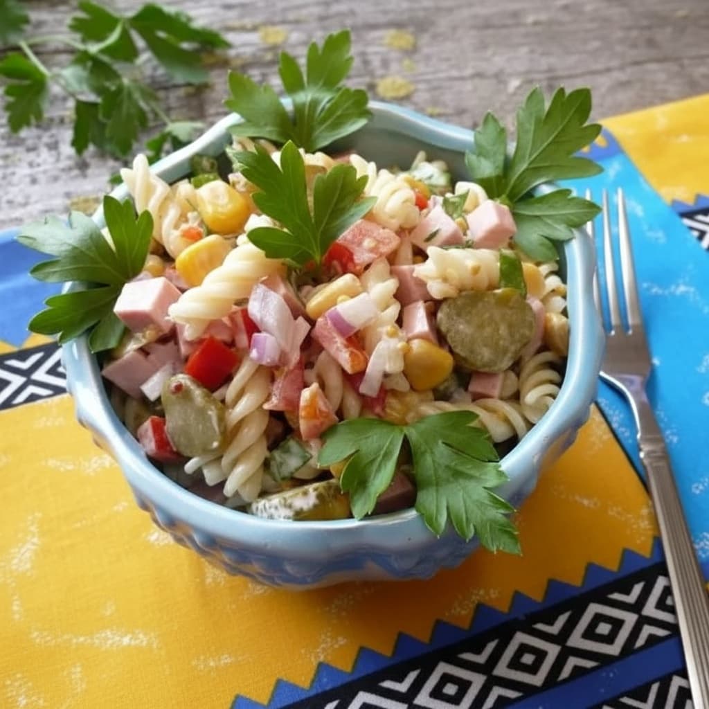 Салат «Дачный» с колбасой, сладким перцем и спиральками