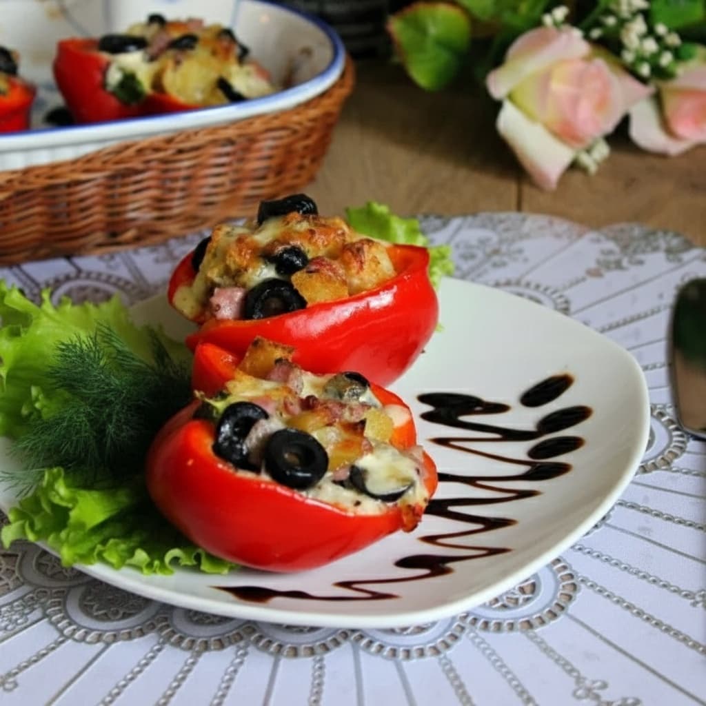 Фаршированная паприка с беконом, моцареллой и маслинами