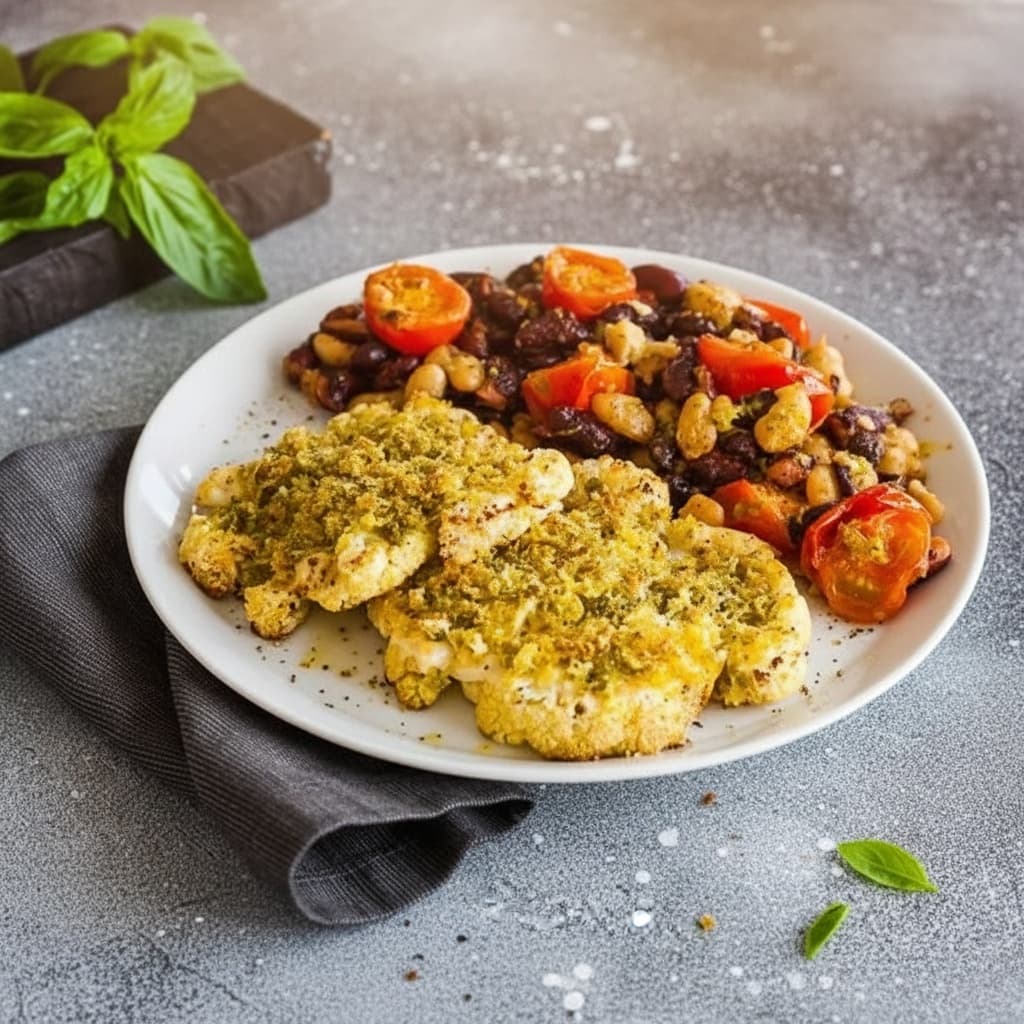 Стейк из цветной капусты под хрустящей корочкой из песто с фасолью и томатами