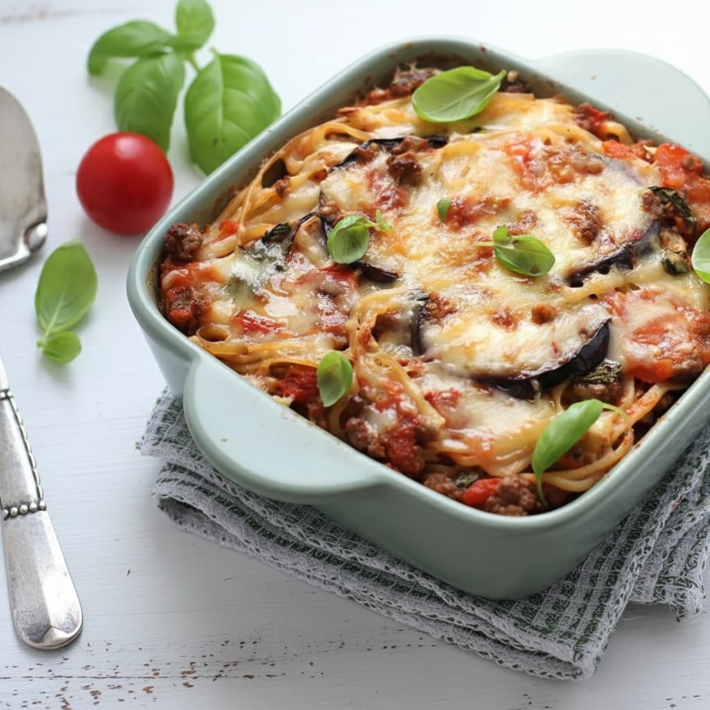 Запечённые макароны с баклажаном и соусом маринара