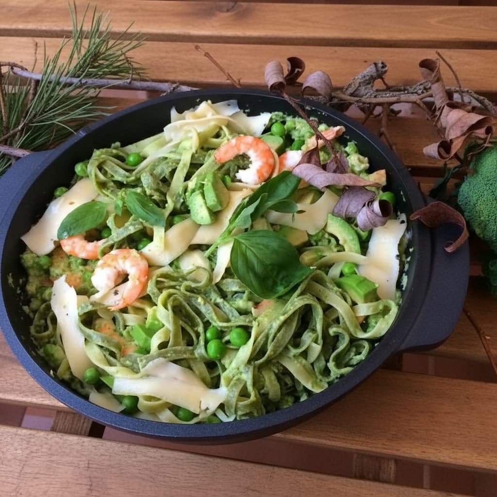 Изумрудная шпинатная паста с зелёными овощами, креветками и соусом из авокадо
