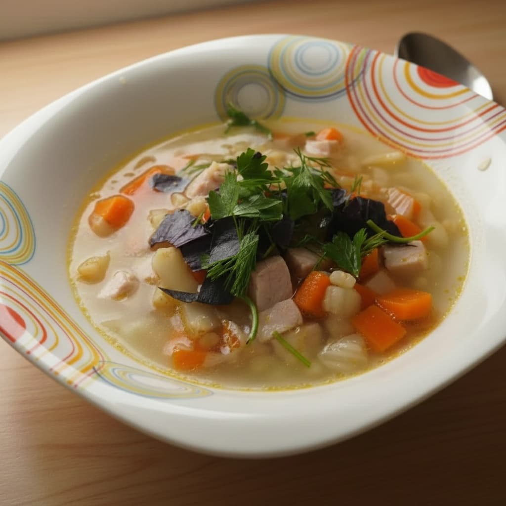 Перловый суп с овощами и окороком
