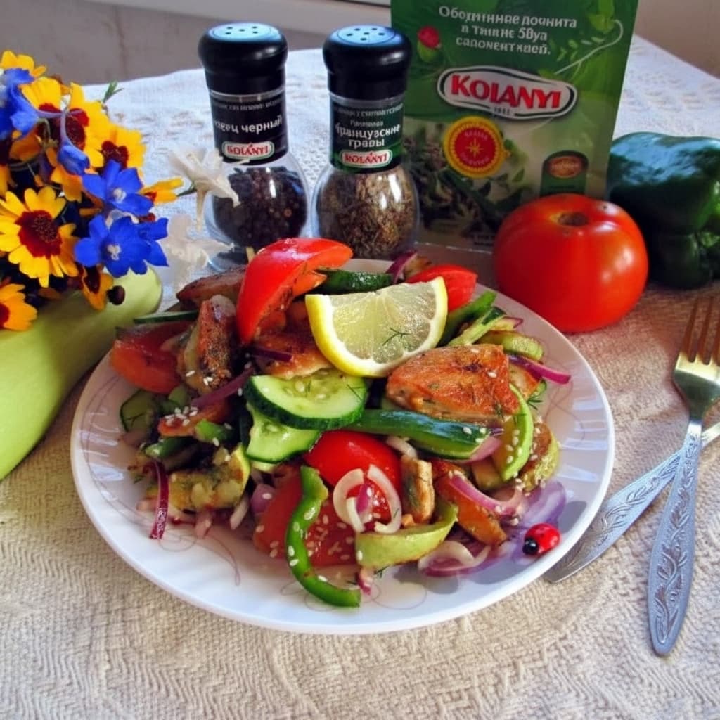 Салат из свежих овощей и куриной грудки