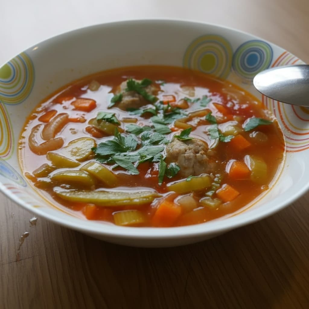 Томатный суп с фрикадельками и пореем
