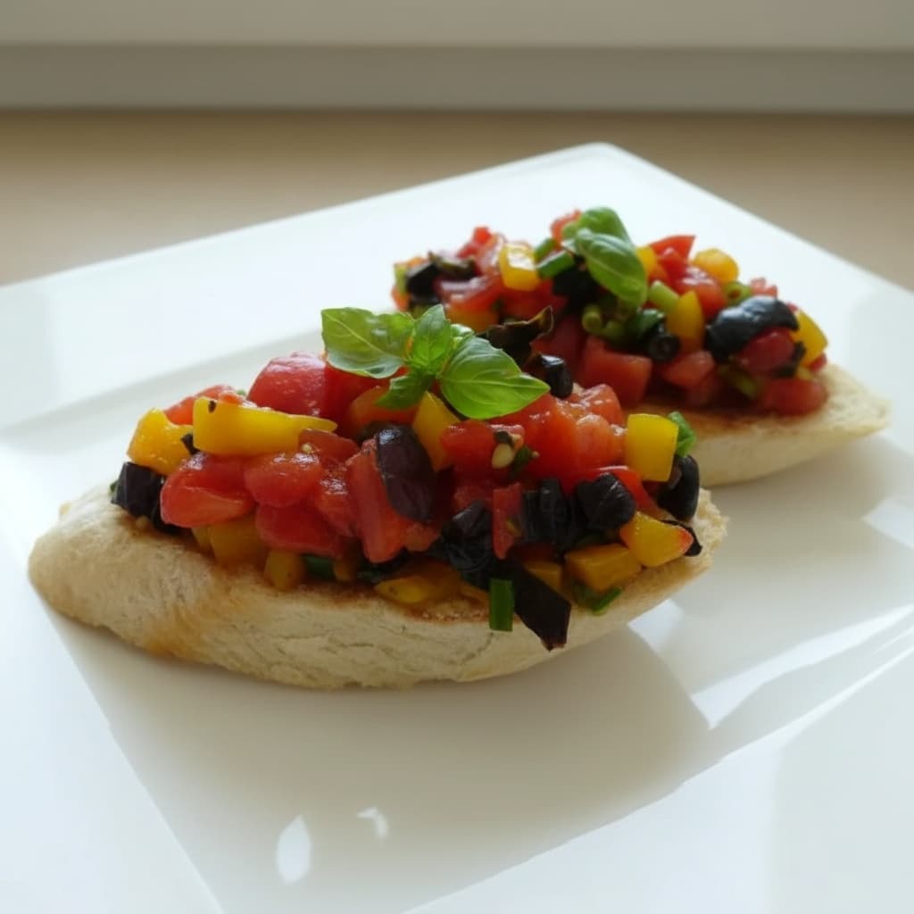 Брускетта с томатами, перцем, маслинами и базиликом