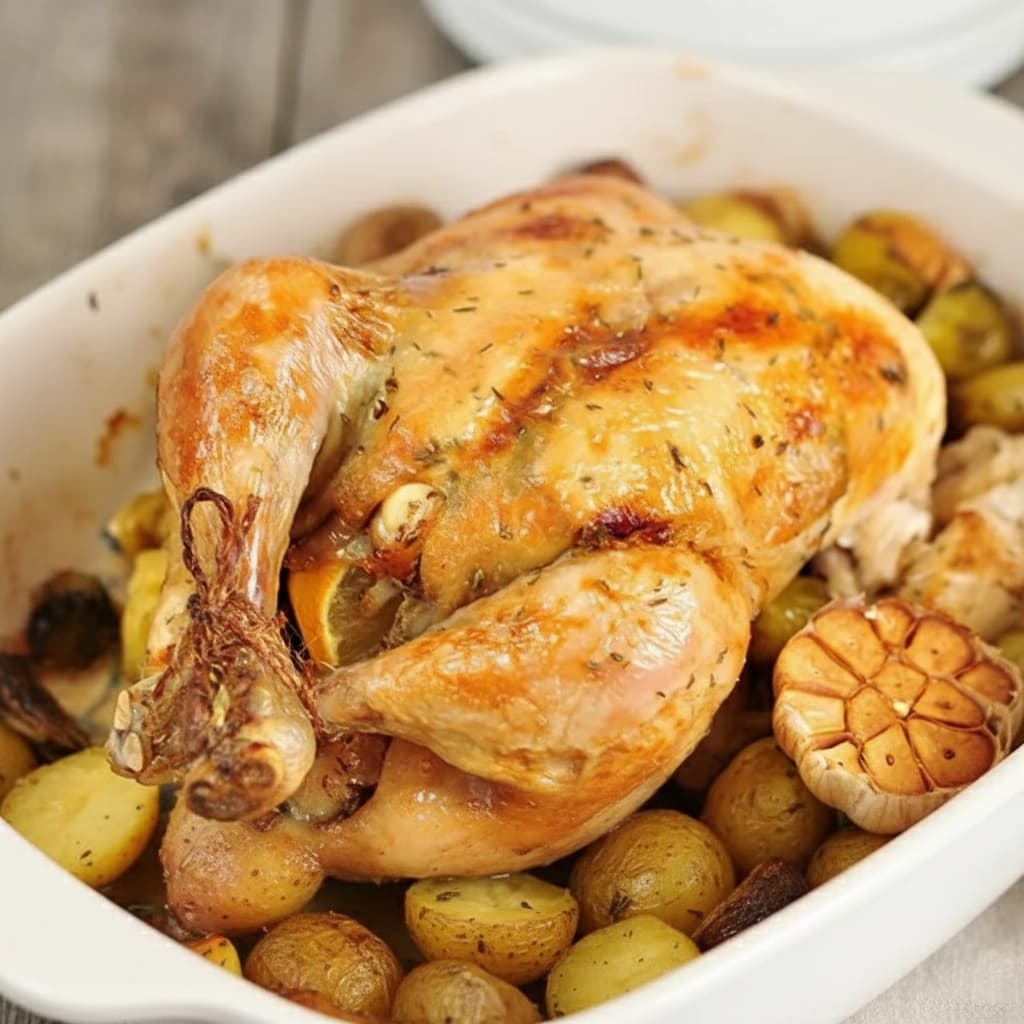 Курица с запечённым чесночным пюре