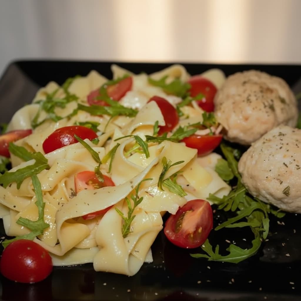 Паста со шпинатом и помидорами черри